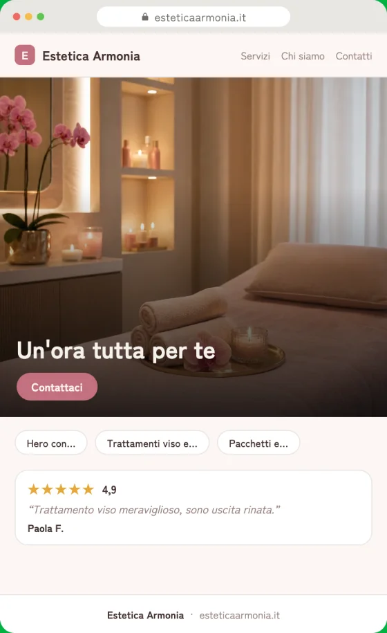 Anteprima della bozza del sito per Centri estetici sullo schermo di un telefono