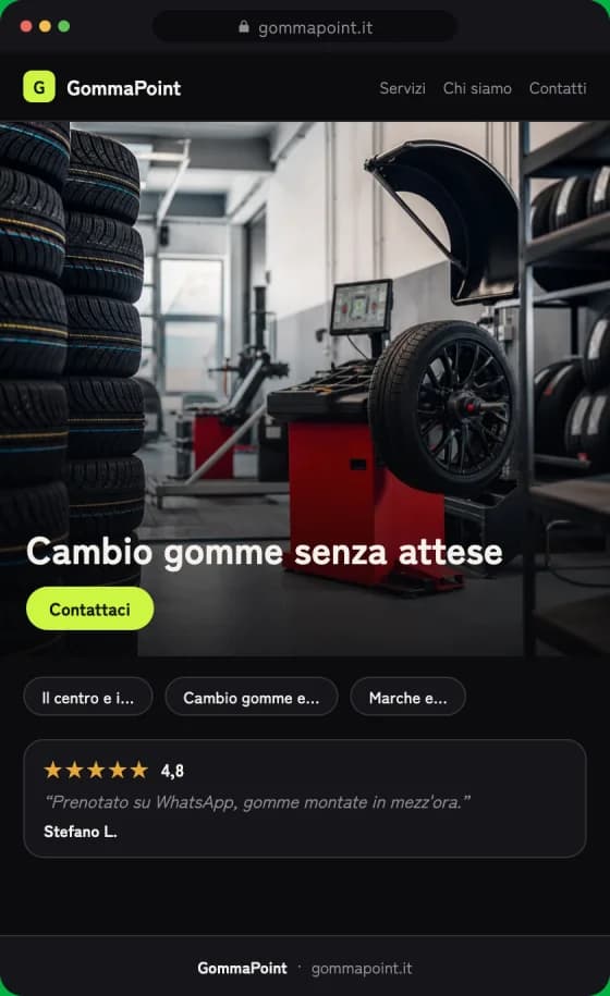 Anteprima della bozza del sito per Gommisti sullo schermo di un telefono