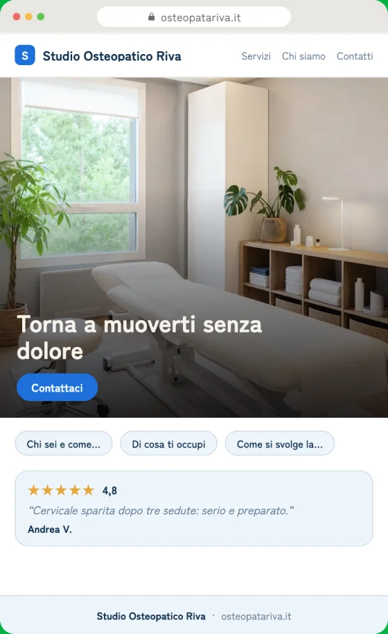 Anteprima della bozza del sito per Osteopati sullo schermo di un telefono
