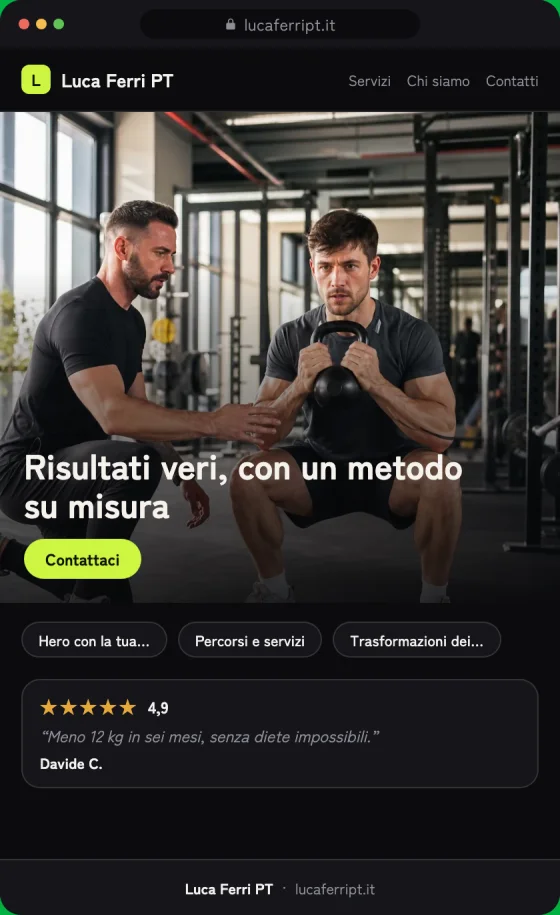 Anteprima della bozza del sito per Personal trainer sullo schermo di un telefono