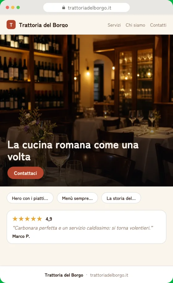 Anteprima della bozza del sito per Ristoranti sullo schermo di un telefono