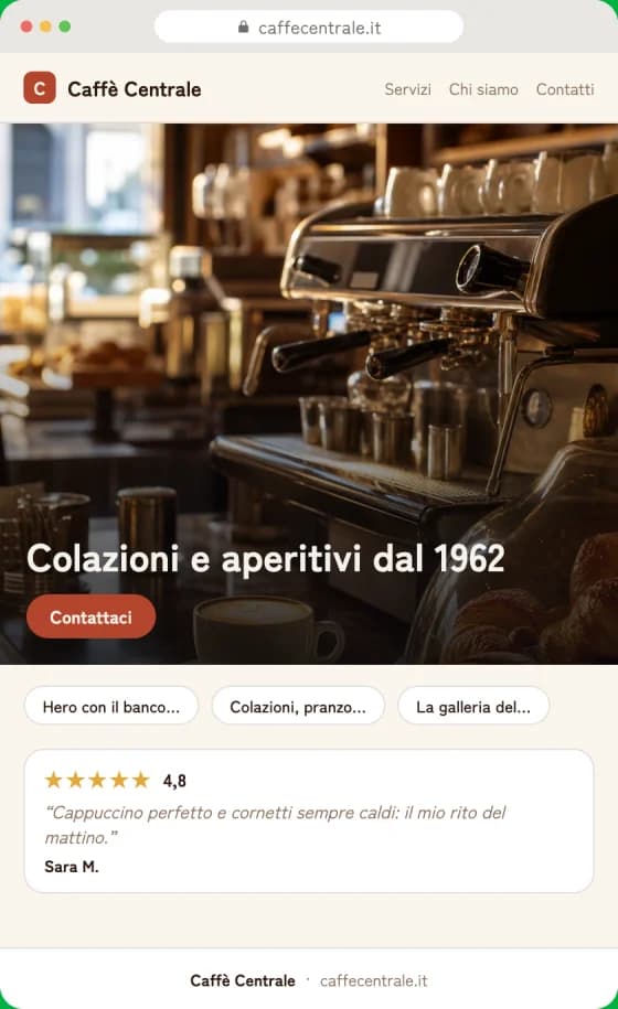 Anteprima della bozza del sito per Bar e caffè sullo schermo di un telefono