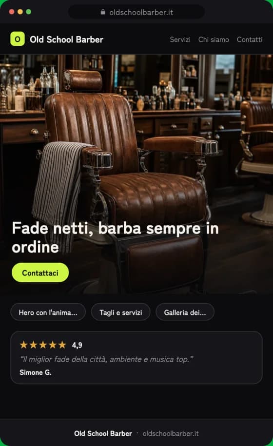 Anteprima della bozza del sito per Barber shop sullo schermo di un telefono