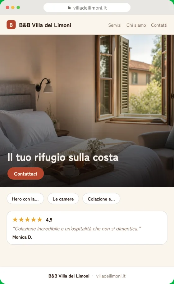 Anteprima della bozza del sito per B&B sullo schermo di un telefono
