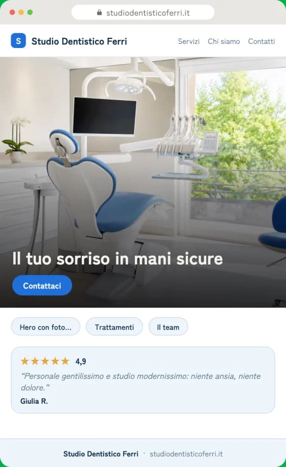 Anteprima della bozza del sito per Dentisti sullo schermo di un telefono