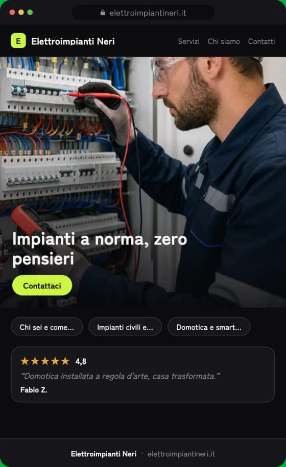 Anteprima della bozza del sito per Elettricisti sullo schermo di un telefono