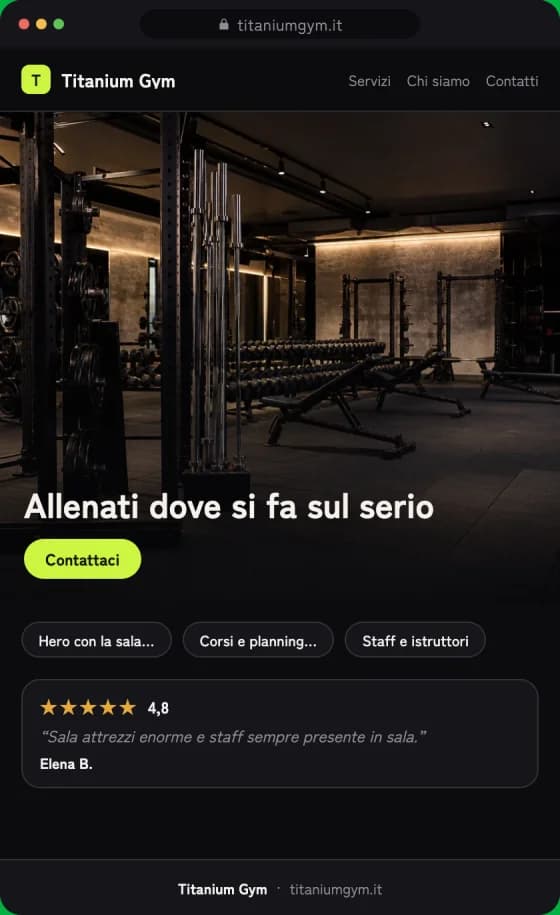 Anteprima della bozza del sito per Palestre sullo schermo di un telefono