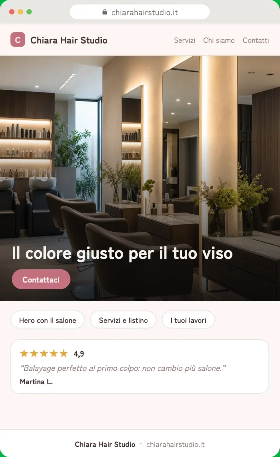Anteprima della bozza del sito per Parrucchieri sullo schermo di un telefono