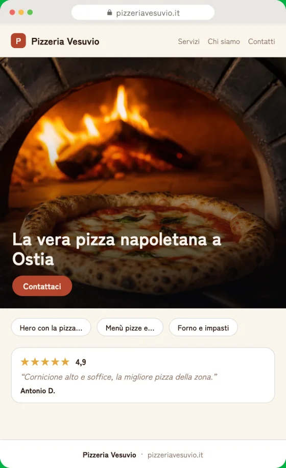 Anteprima della bozza del sito per Pizzerie sullo schermo di un telefono