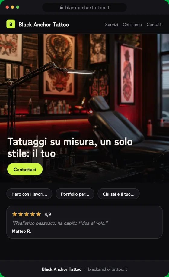 Anteprima della bozza del sito per Tatuatori sullo schermo di un telefono